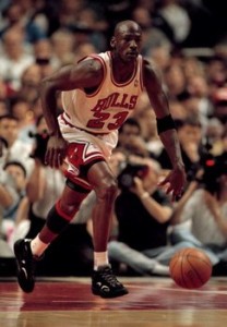 12 MAY 1995: CHICAGO BULL MICHAEL JORDAN HEADS DOWN COURT IN HIS RETIRED JERSEY NUMBER DURING FIRST QUARTER ACTION OF GAME 4 OF THEIR SECOND ROUND PLAYOFF GAME AGAINST THE ORLANDO MAGIC. JORDAN, WHO BROUGHT THE NUMBER OUT OF RETIREMENT PRIOR TO GAME THR