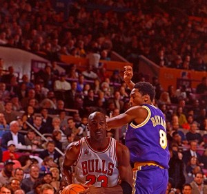 Chicago Bulls Michael Jordan and Los Angeles Lakers Kobe Bryant during the NBA All-Star Game on Feb. 8, 1998 at Madison Square Garden in New York. (Robert Seale / TSN.)